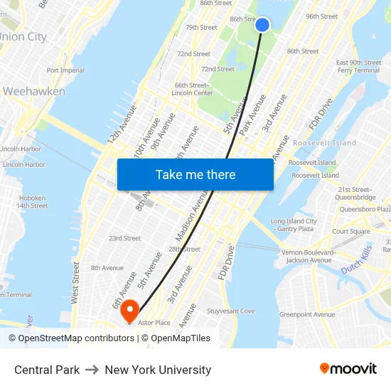 Central Park to New York University map