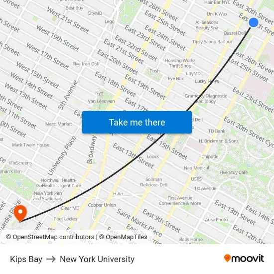 Kips Bay to New York University map