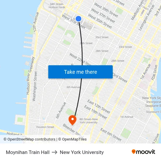 Moynihan Train Hall to New York University map