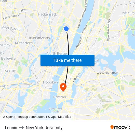 Leonia to New York University map