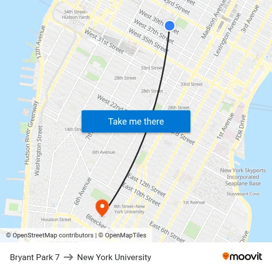 Bryant Park 7 to New York University map