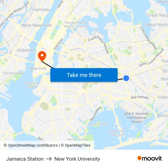 Jamaica Station to New York University map
