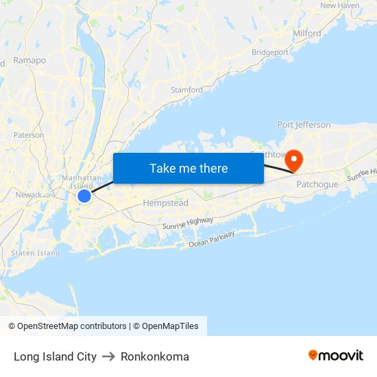 Long Island City to Ronkonkoma map