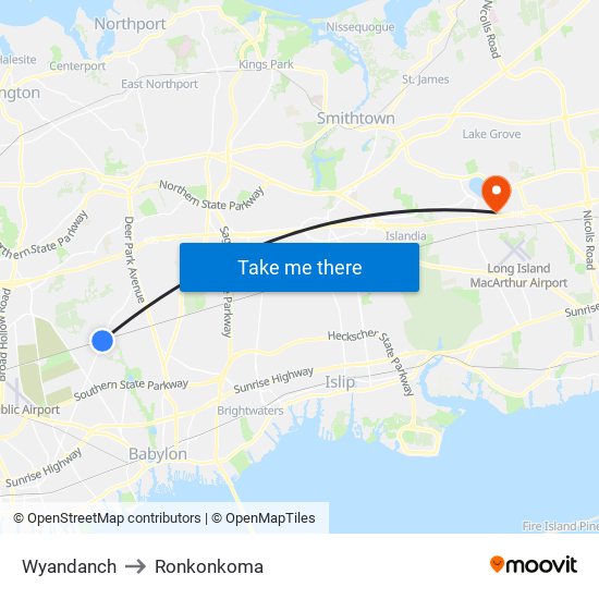 Wyandanch to Ronkonkoma map
