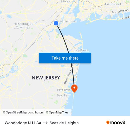 Woodbridge NJ USA to Seaside Heights map