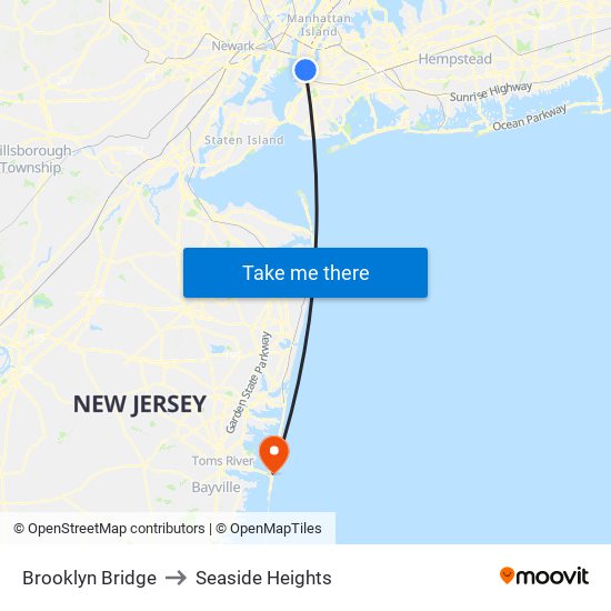 Brooklyn Bridge to Seaside Heights map