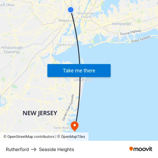 Rutherford to Seaside Heights map