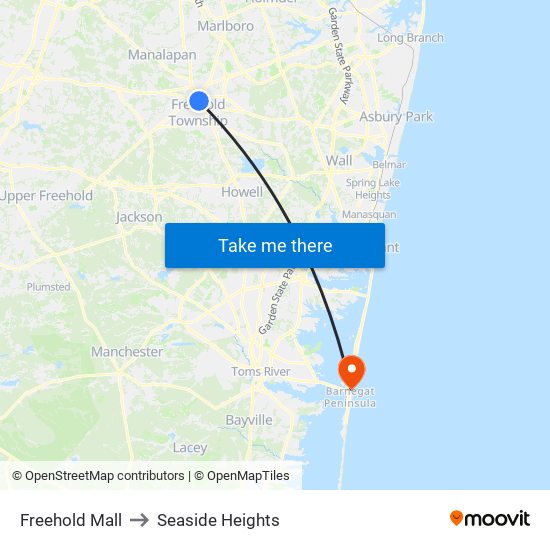 Freehold Mall to Seaside Heights map