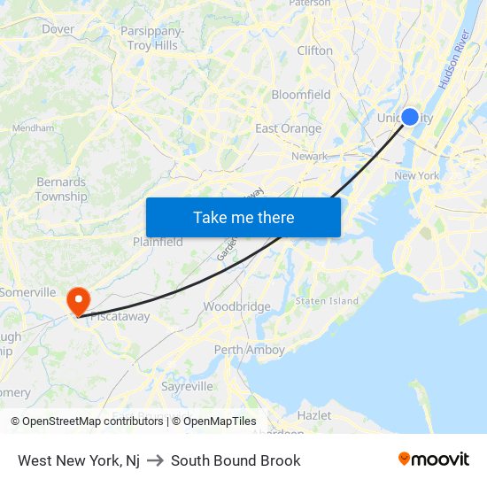 West New York, Nj to South Bound Brook map