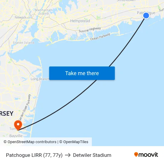 Patchogue LIRR (77, 77y) to Detwiler Stadium map