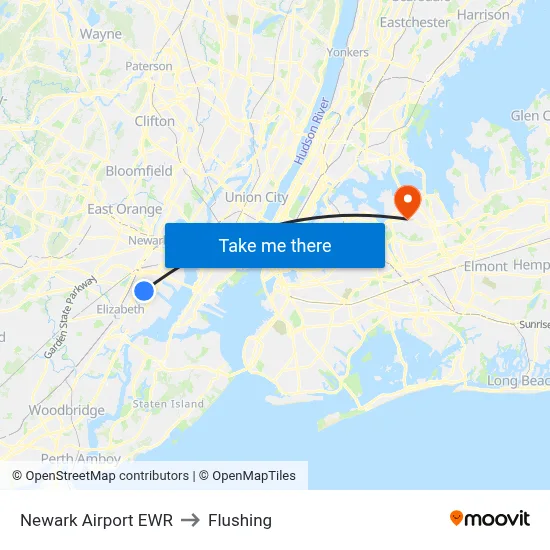 Newark Airport EWR to Flushing map