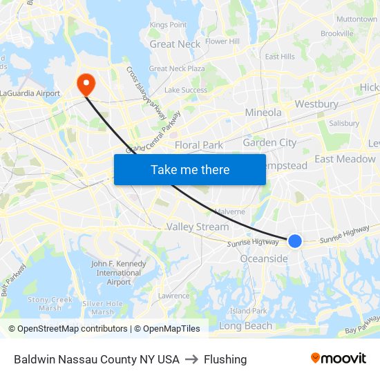 Baldwin Nassau County NY USA to Flushing map