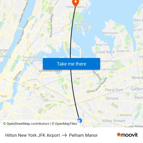 Hilton New York JFK Airport to Pelham Manor map