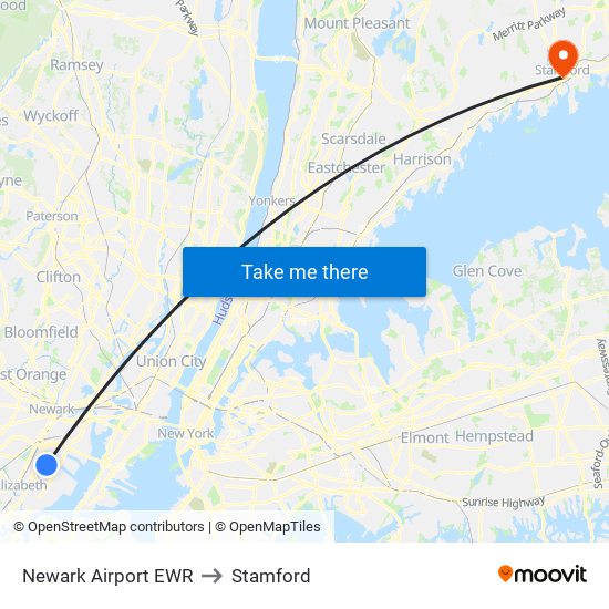 Newark Airport EWR to Stamford map