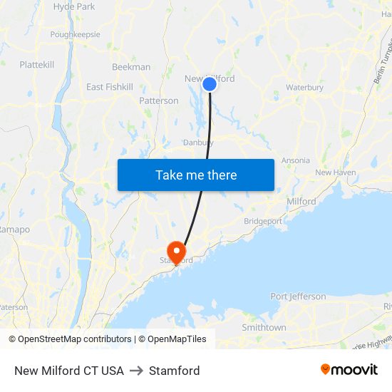 New Milford CT USA to Stamford map