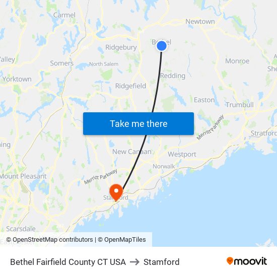 Bethel Fairfield County CT USA to Stamford map