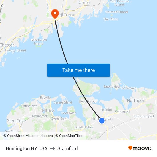 Huntington NY USA to Stamford map