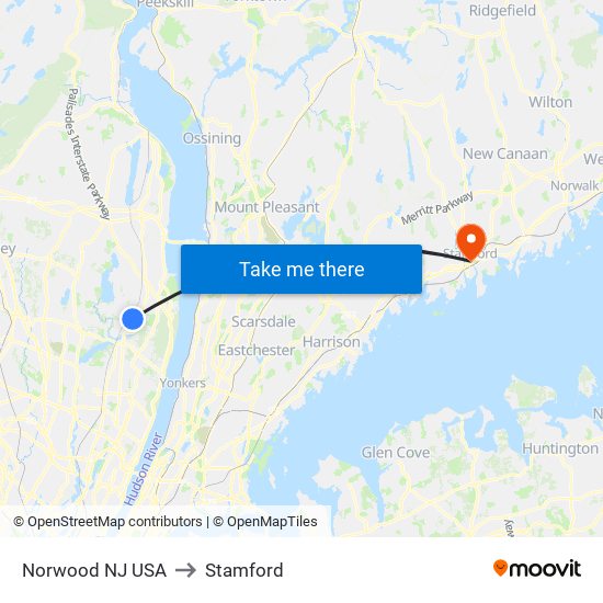 Norwood NJ USA to Stamford map