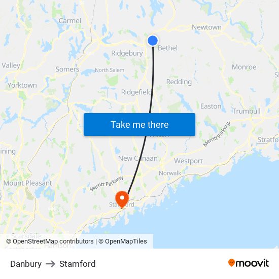 Danbury to Stamford map