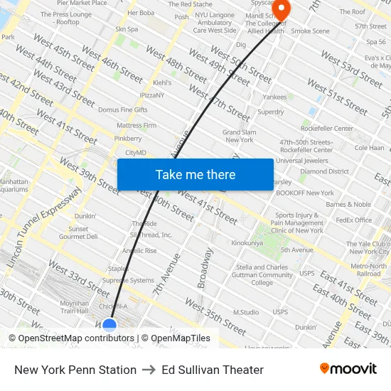 New York Penn Station to Ed Sullivan Theater map