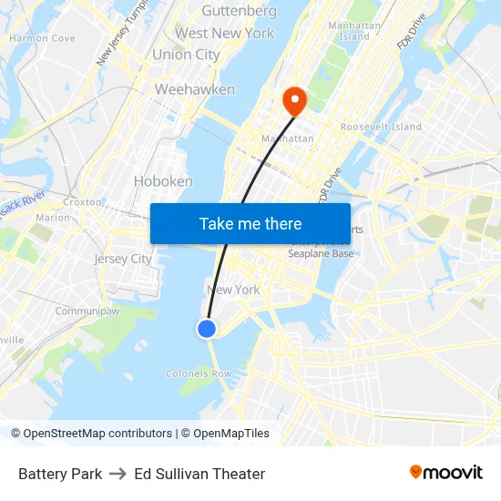Battery Park to Ed Sullivan Theater map