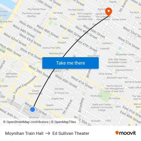 Moynihan Train Hall to Ed Sullivan Theater map