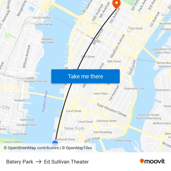 Batery Park to Ed Sullivan Theater map