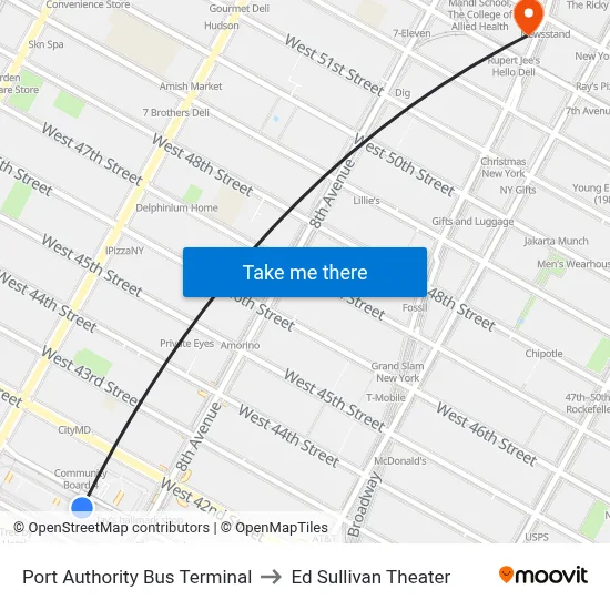 Port Authority Bus Terminal to Ed Sullivan Theater map