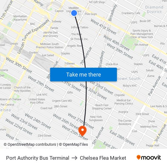 Port Authority Bus Terminal to Chelsea Flea Market map