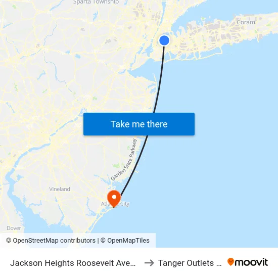 Jackson Heights Roosevelt Avenue 74th Street Station to Tanger Outlets Atlantic City map