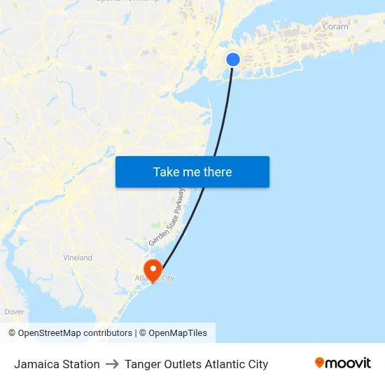 Jamaica Station to Tanger Outlets Atlantic City map