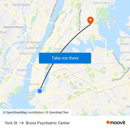 York St to Bronx Psychiatric Center map