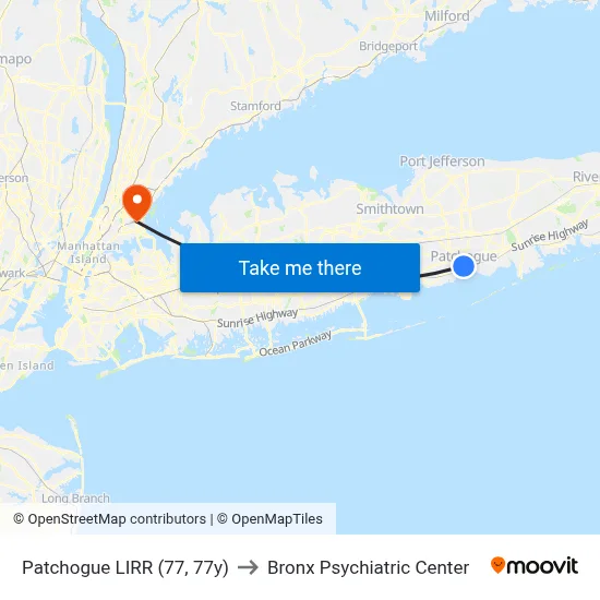 Patchogue LIRR (77, 77y) to Bronx Psychiatric Center map