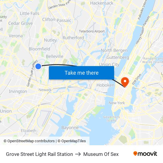 Grove Street Light Rail Station to Museum Of Sex map