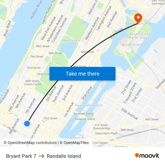 Bryant Park 7 to Randalls Island map