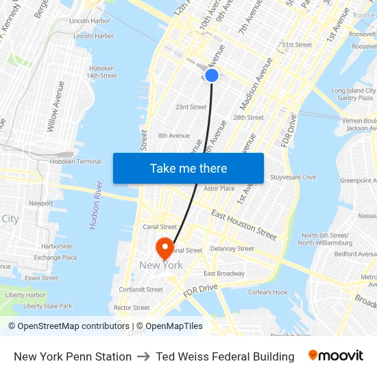 New York Penn Station to Ted Weiss Federal Building map