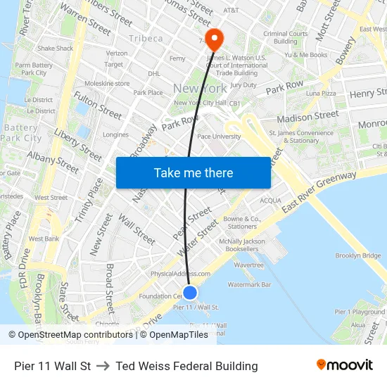 Pier 11 Wall St to Ted Weiss Federal Building map
