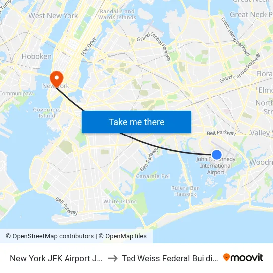 New York JFK Airport JFK to Ted Weiss Federal Building map