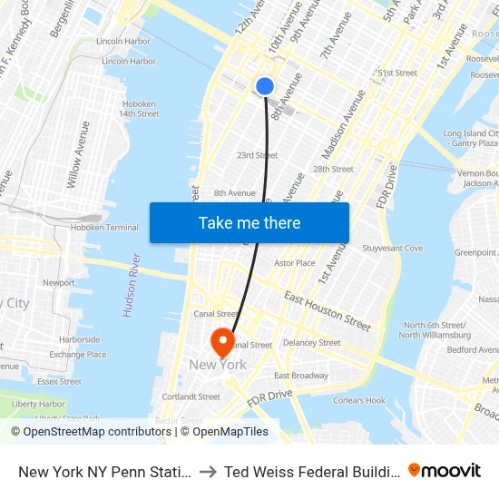 New York NY Penn Station to Ted Weiss Federal Building map
