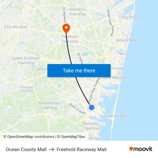 Ocean County Mall to Freehold Raceway Mall map