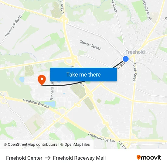 Freehold Center to Freehold Raceway Mall map