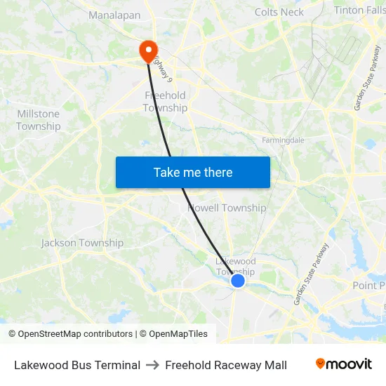 Lakewood Bus Terminal to Freehold Raceway Mall map