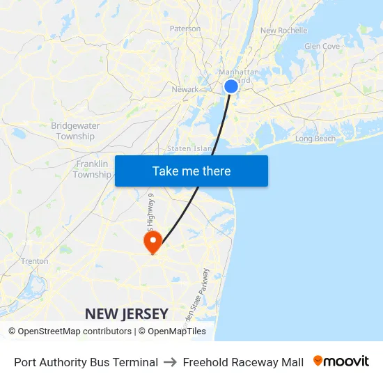Port Authority Bus Terminal to Freehold Raceway Mall map