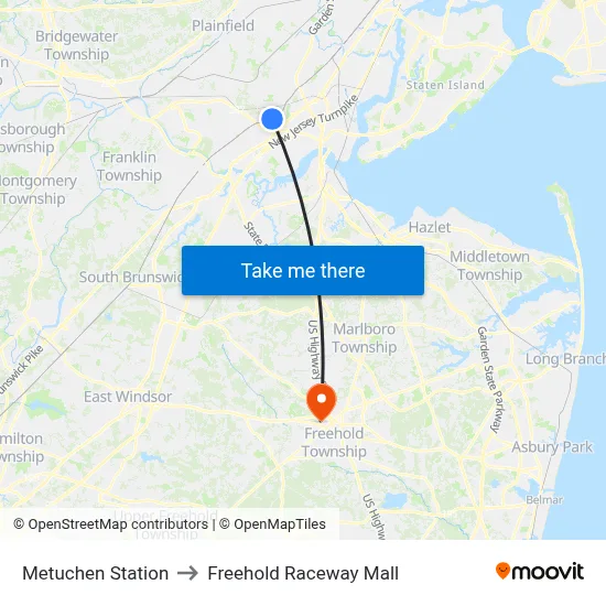 Metuchen Station to Freehold Raceway Mall map