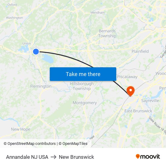 Annandale NJ USA to New Brunswick map