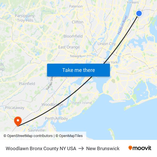 Woodlawn Bronx County NY USA to New Brunswick map