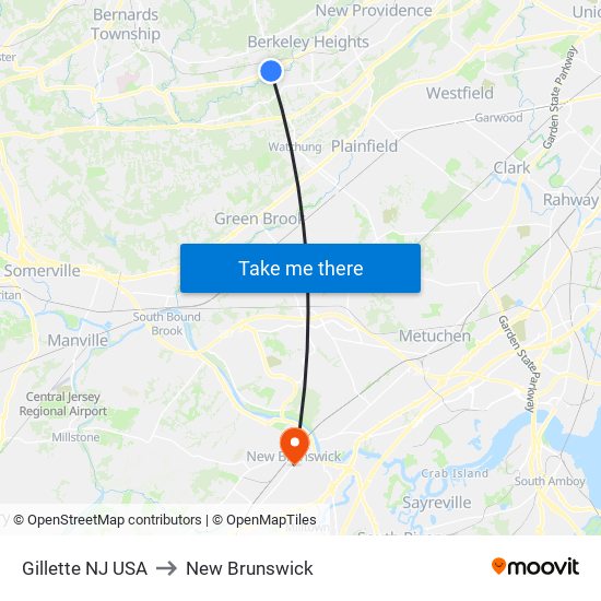 Gillette NJ USA to New Brunswick map