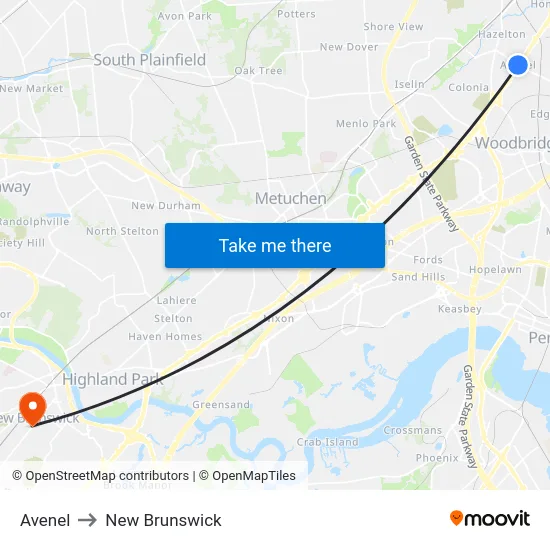 Avenel to New Brunswick map