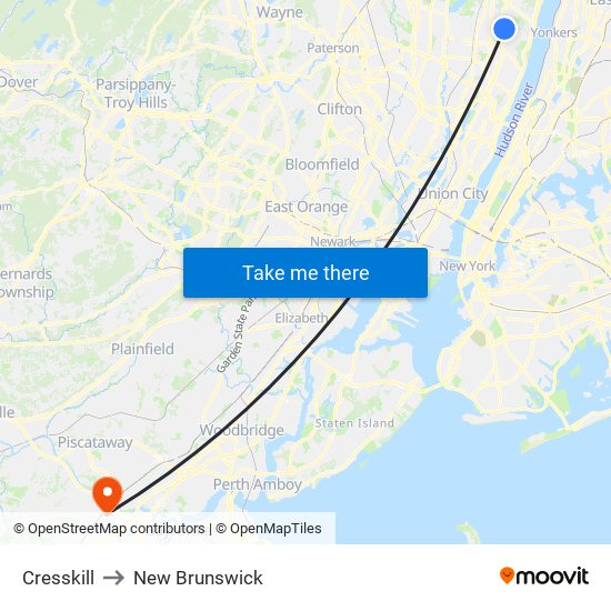 Cresskill to New Brunswick map