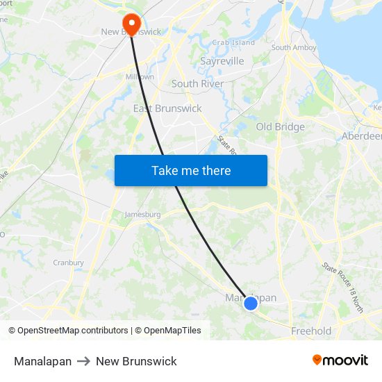 Manalapan to New Brunswick map